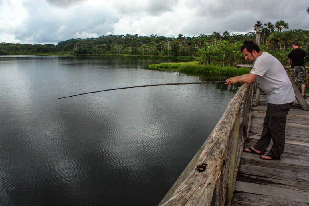 Fishing for tiny, harmless piranha in the lagoon at Sacha Lodge.