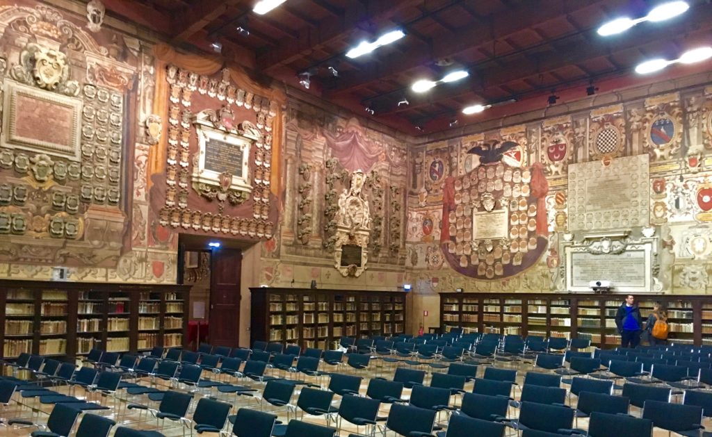 The impressive Aula Magna di Stabat Mater classroom in Palazzo dell’Archiginnasio, Bologna, Italy