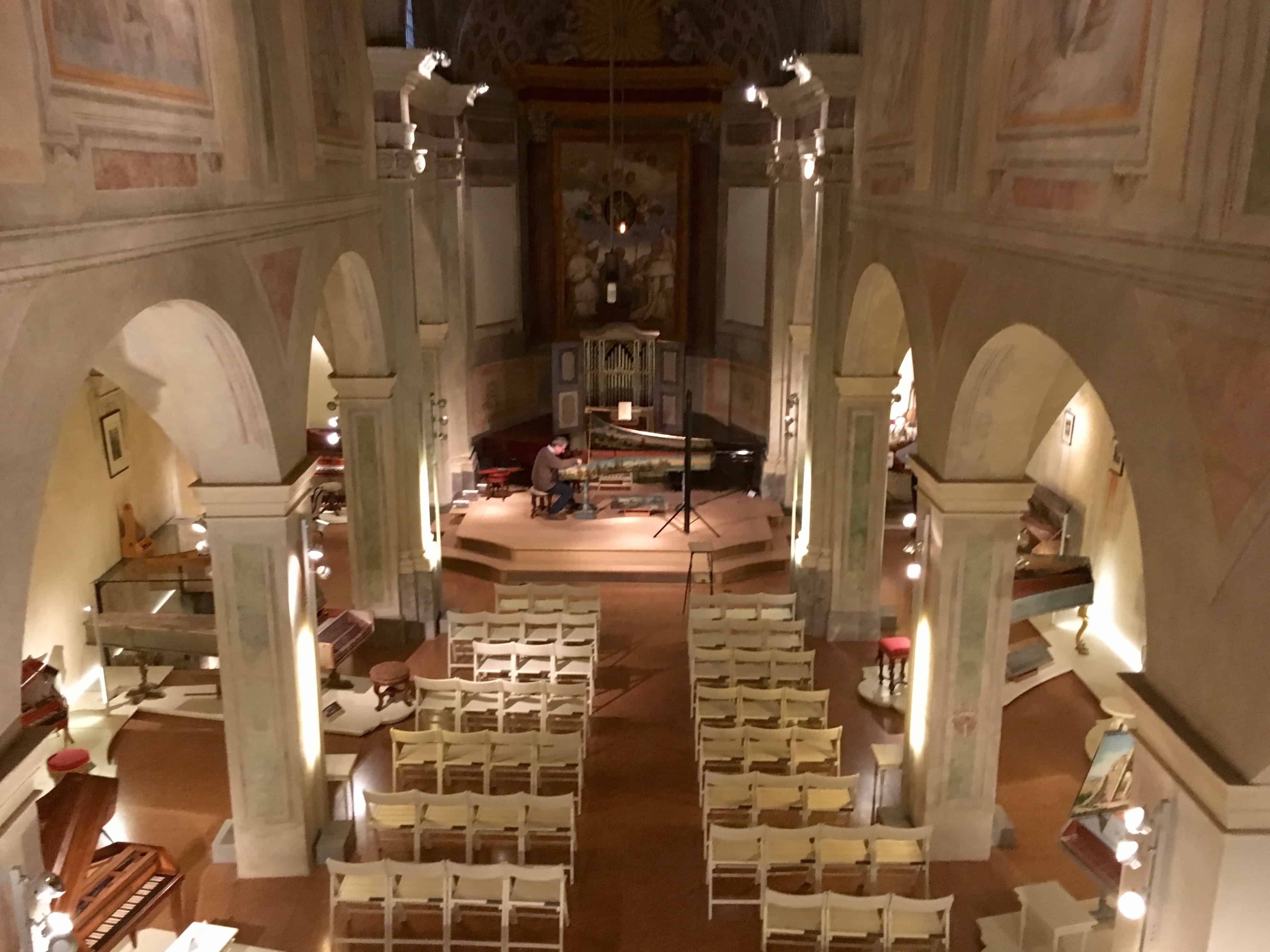 Delightful restored interior of Chiesa di San Colombano, now a musical museum in Bologna, Italy