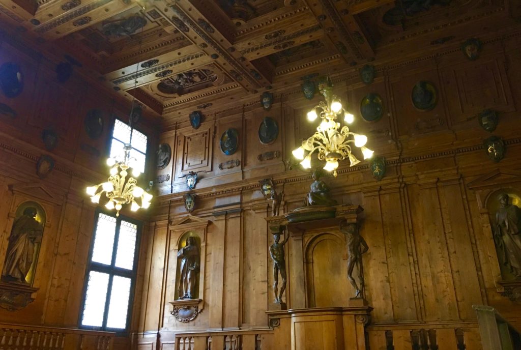 Remarkable cedar woodwork covers every surface of the the Teatro Anatomico in Palazzo dell’Archiginnasio, Bologna, Italy
