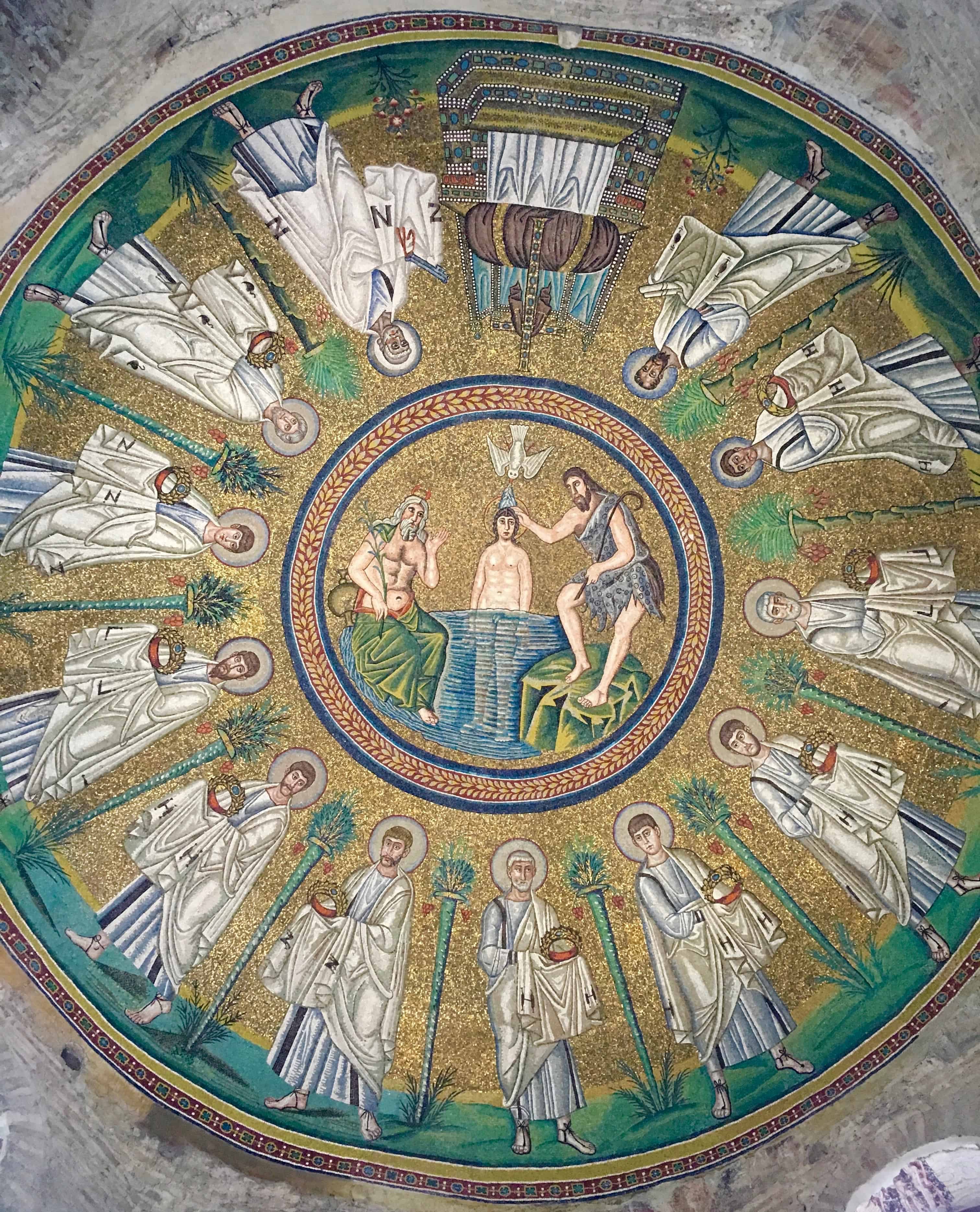 Startling mosaic ceiling in the Battistero degli Ariana, Ravenna, Italy