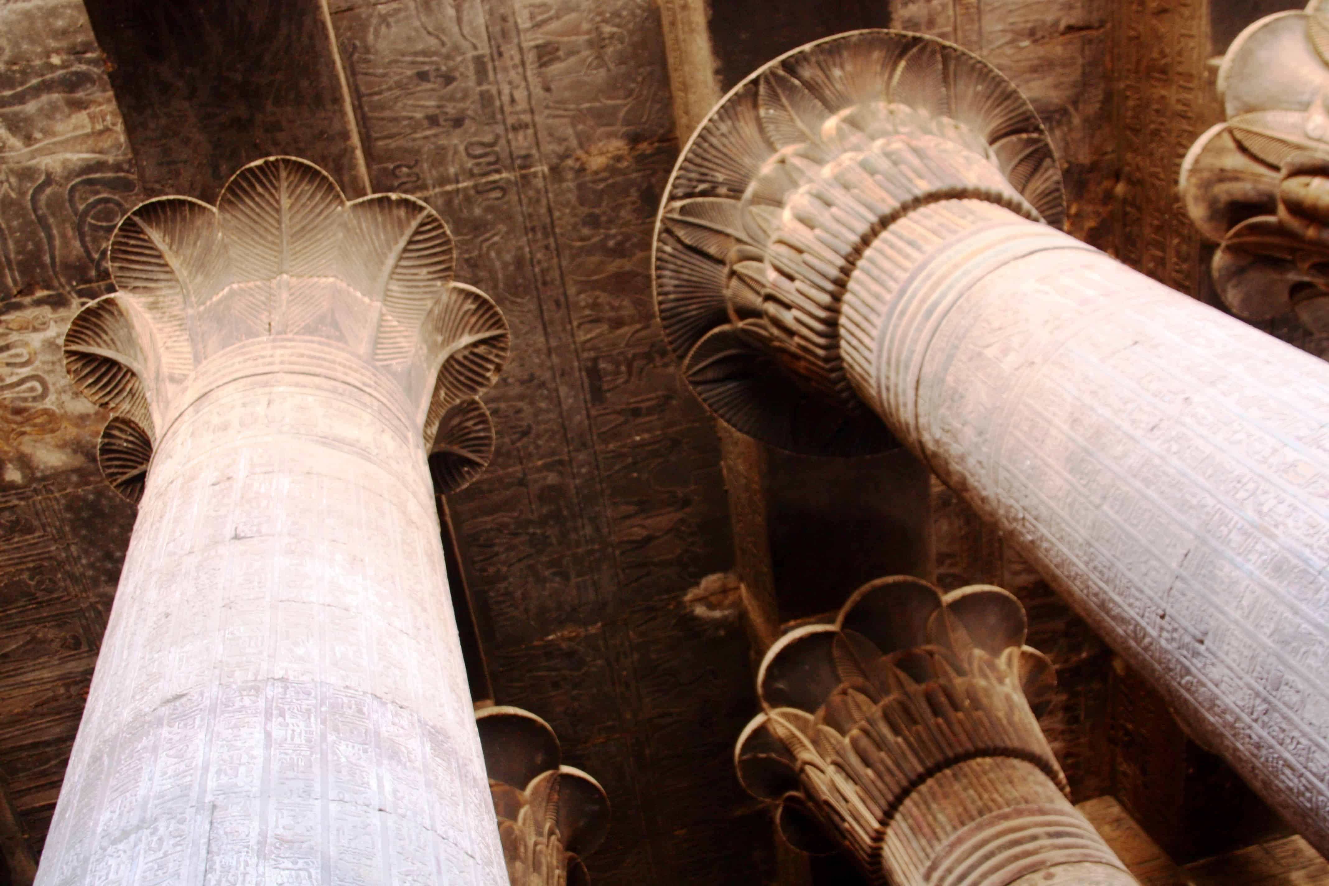 Carved columns in the hypostyle hall at Temple of Esna, Eypt