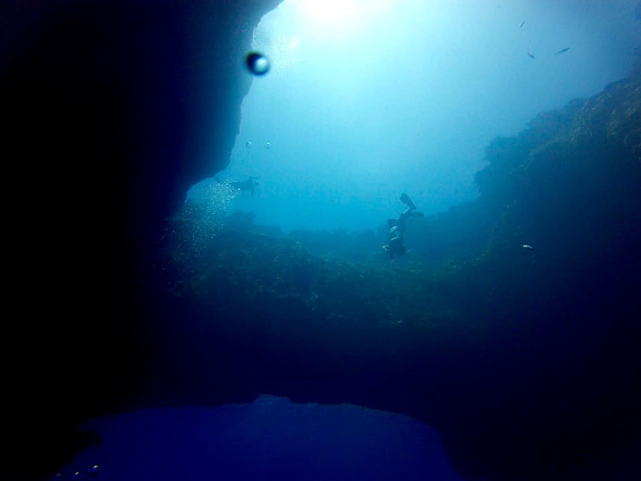 View up to freedivers from Blue Hole, Gozo, Malta