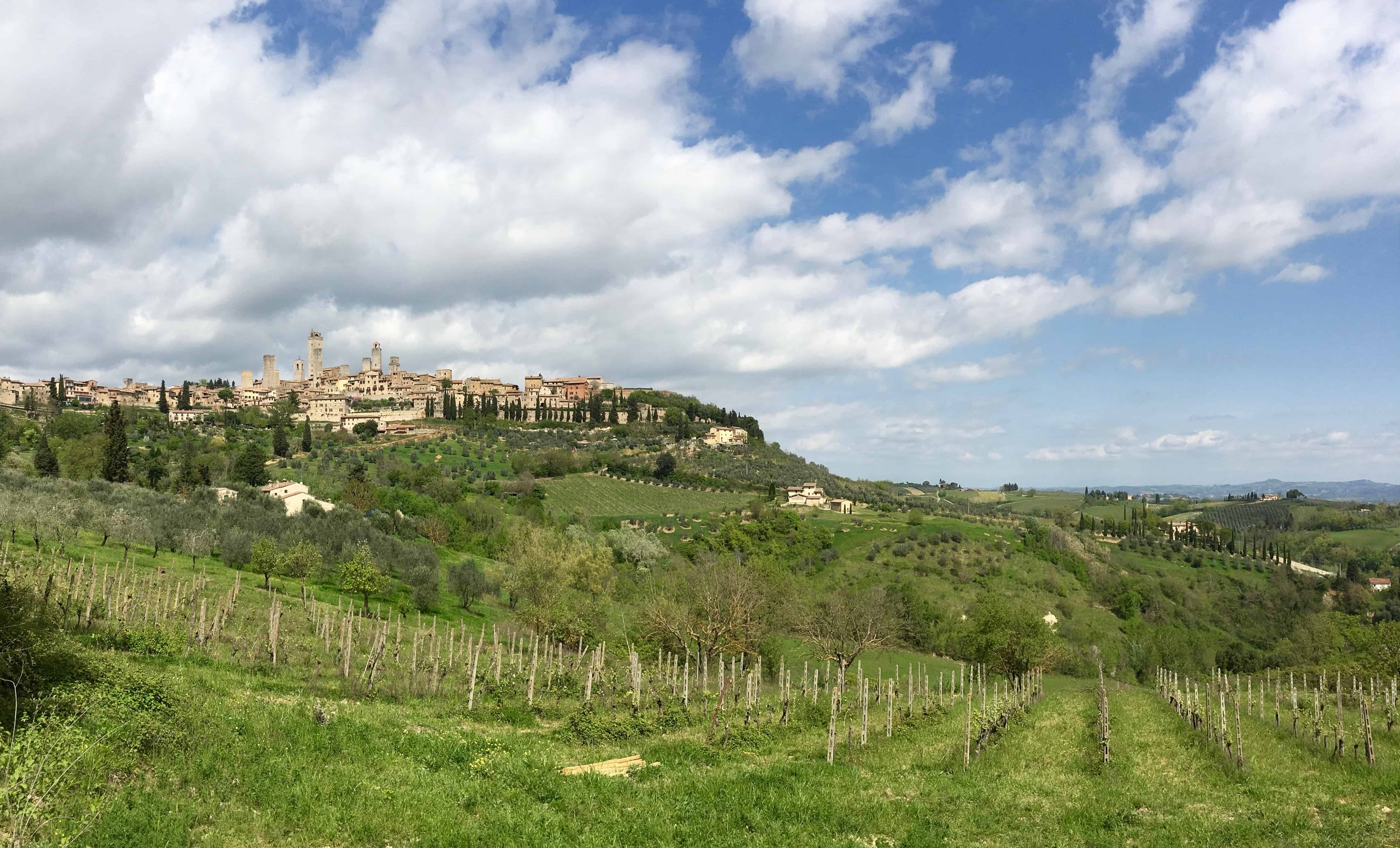 View towards hill town San Gimignano, Italy