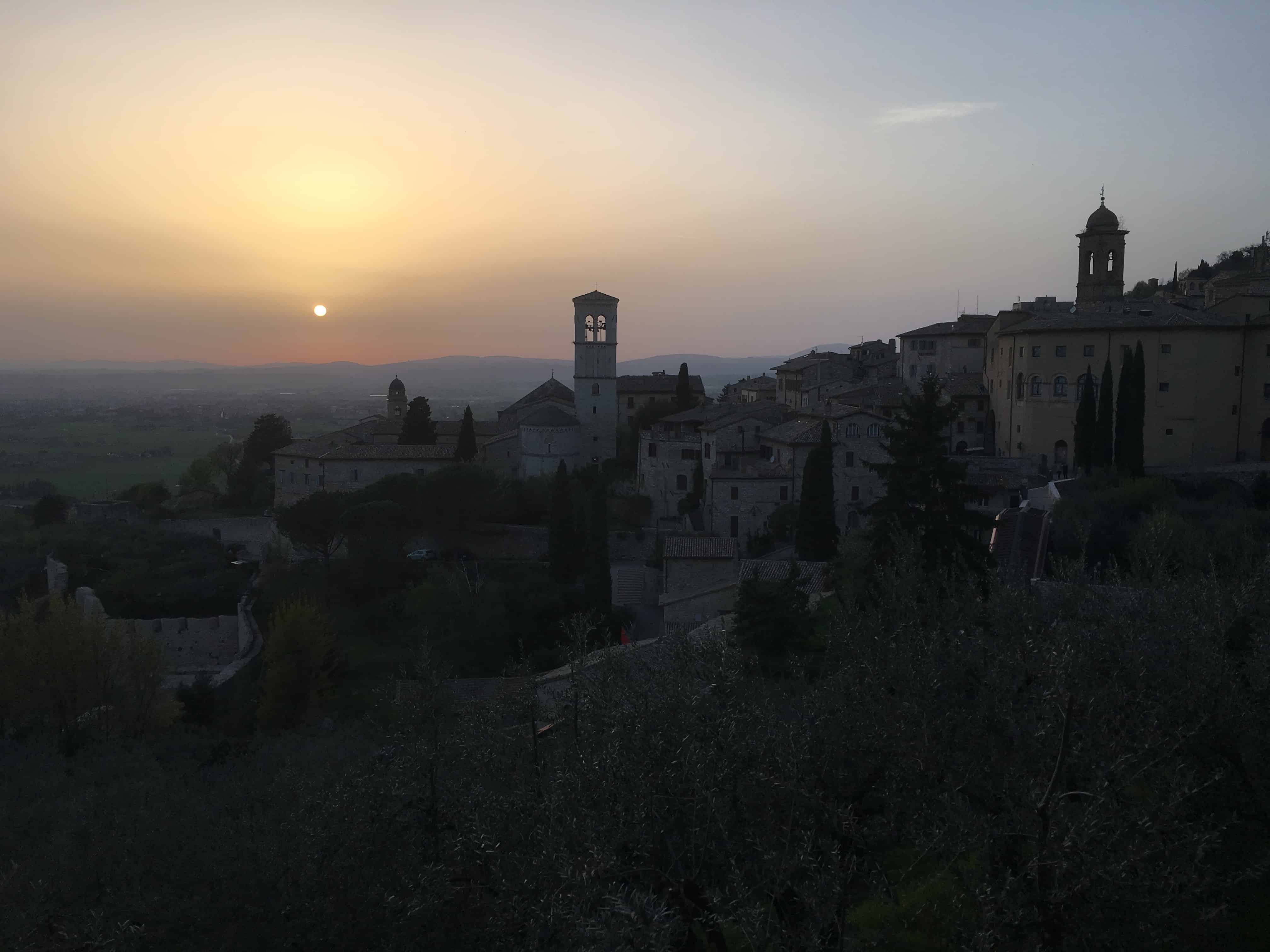Sunset over Assisi from the Piazza Santa Chiara.