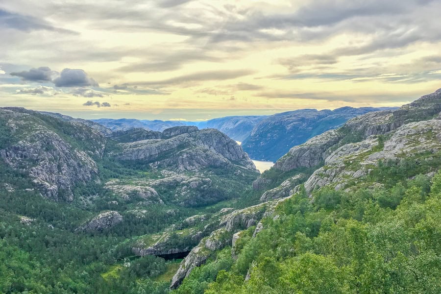 Views across green mountains towards Lysefjord – the views get better the further along the Pulpit Rock hiking trail you go.