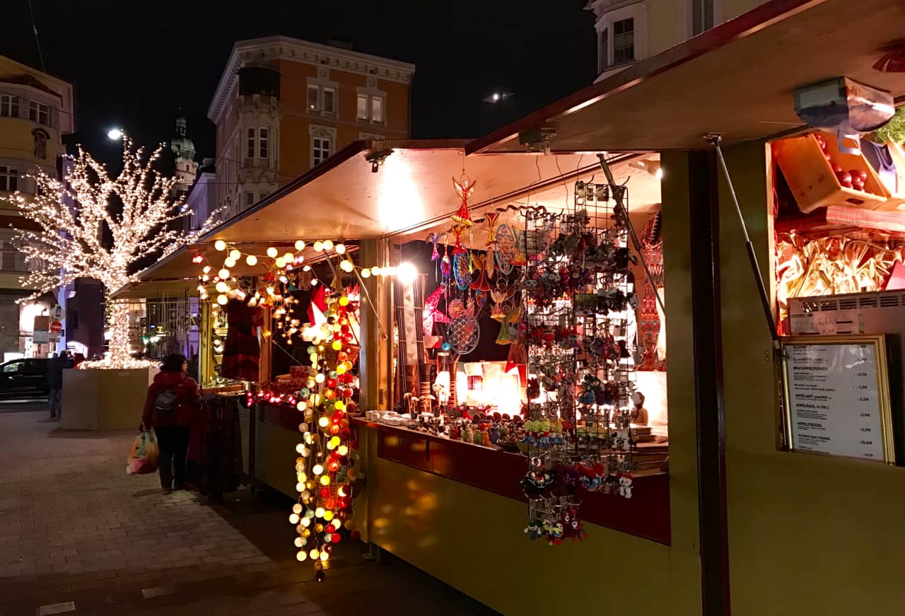 Festive lights at the Innsbruck Christmas Market on Maria Theresien Street.