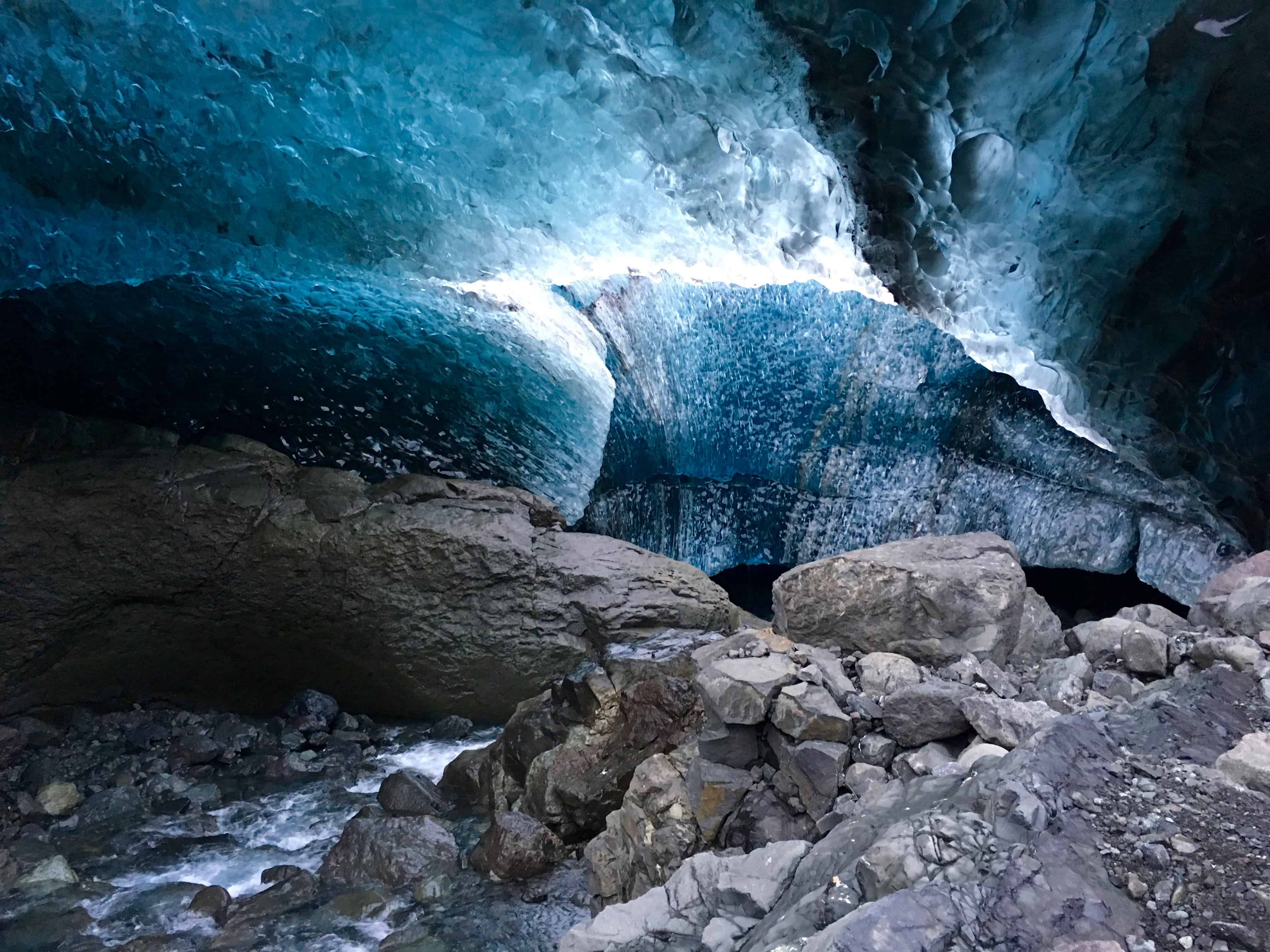 River and ice inside Waterfall Ice Cave at Vatnajökull, Iceland