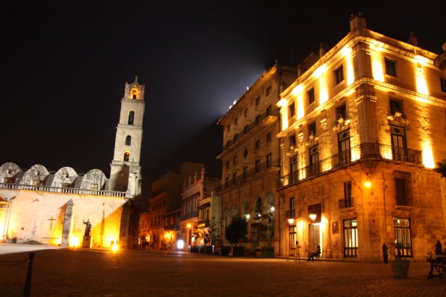 Night scene in the Plaza of San Francisco de Asis in Havana.