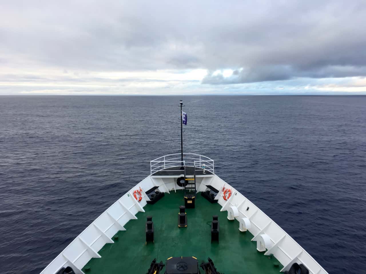 View from the prow of the MV Ushuaia over a very flat Drake Passage. 