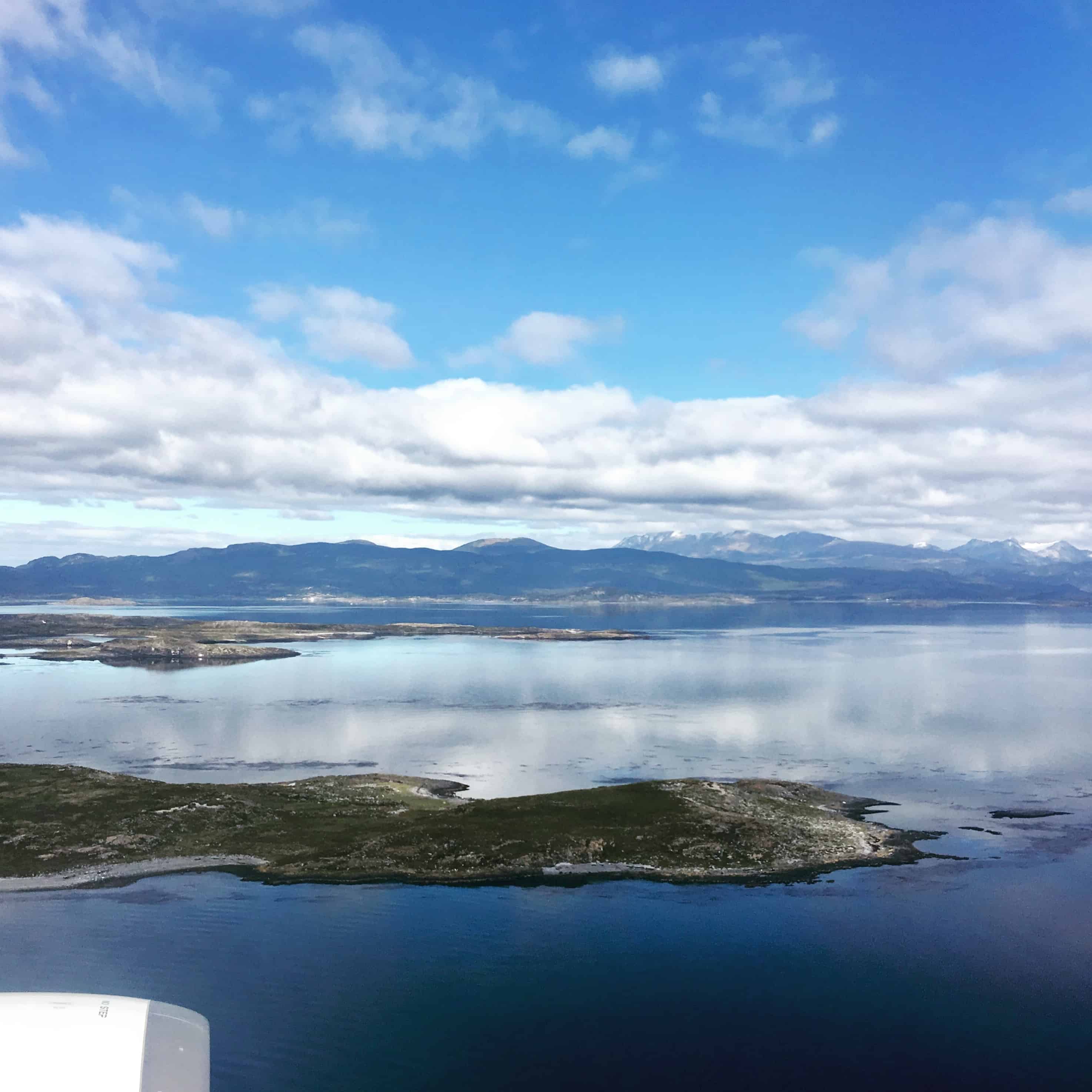 View from the flight into Ushuaia reveals islands and mountains along the Beagle Channel. 