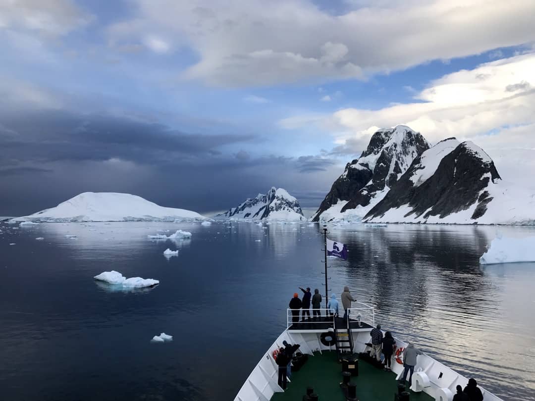 View from the bow of an Antarctica cruise aboard a small expedition ship.