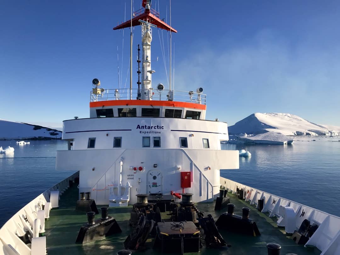 Looking towards the Bridge from the bow on an Antarctica cruise ship.