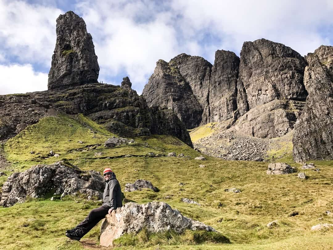 The pinnacle and cliffs of the Old Man of Storr rise above.