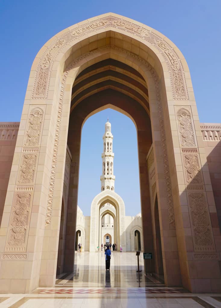 Images of Oman – one of the monumental sandstone archways of Sultan Qaboos Grand Mosque in Muscat.