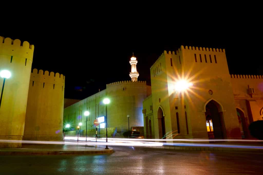 Nizwa Oman – Night scene of the impressive Nizwa Fort.