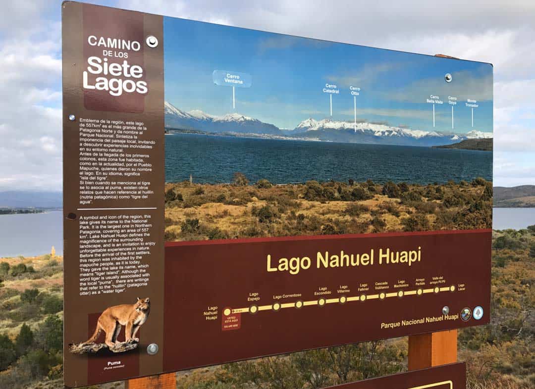 A sign showcases the lakes and highlights along the Ruta de los Siete Lagos.