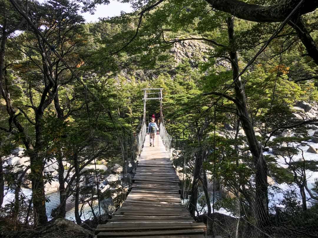 Crossing a swing bridge en route from Italiano Ranger Station to Paine Grande Lodge on the W Trail.