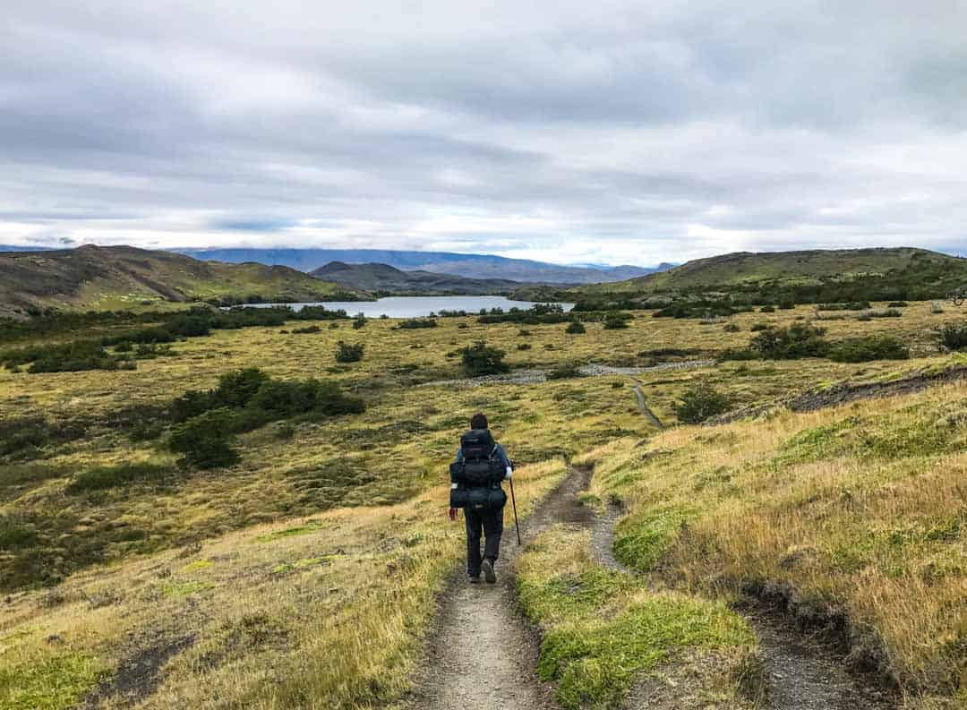 Rolling hills and lake views accompany the trekker on our second day on the W trail Patagonia.