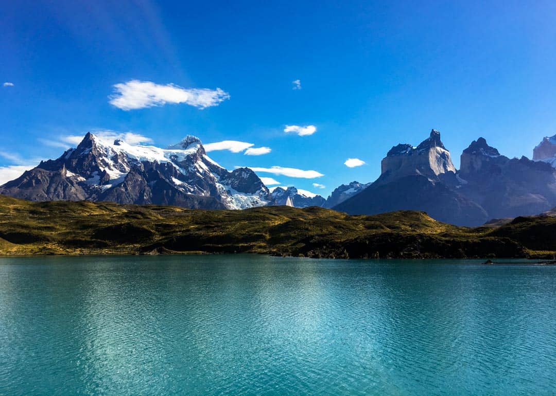 View of the mountain panorama of the W trail in Patagonia from Lake Pehoé.