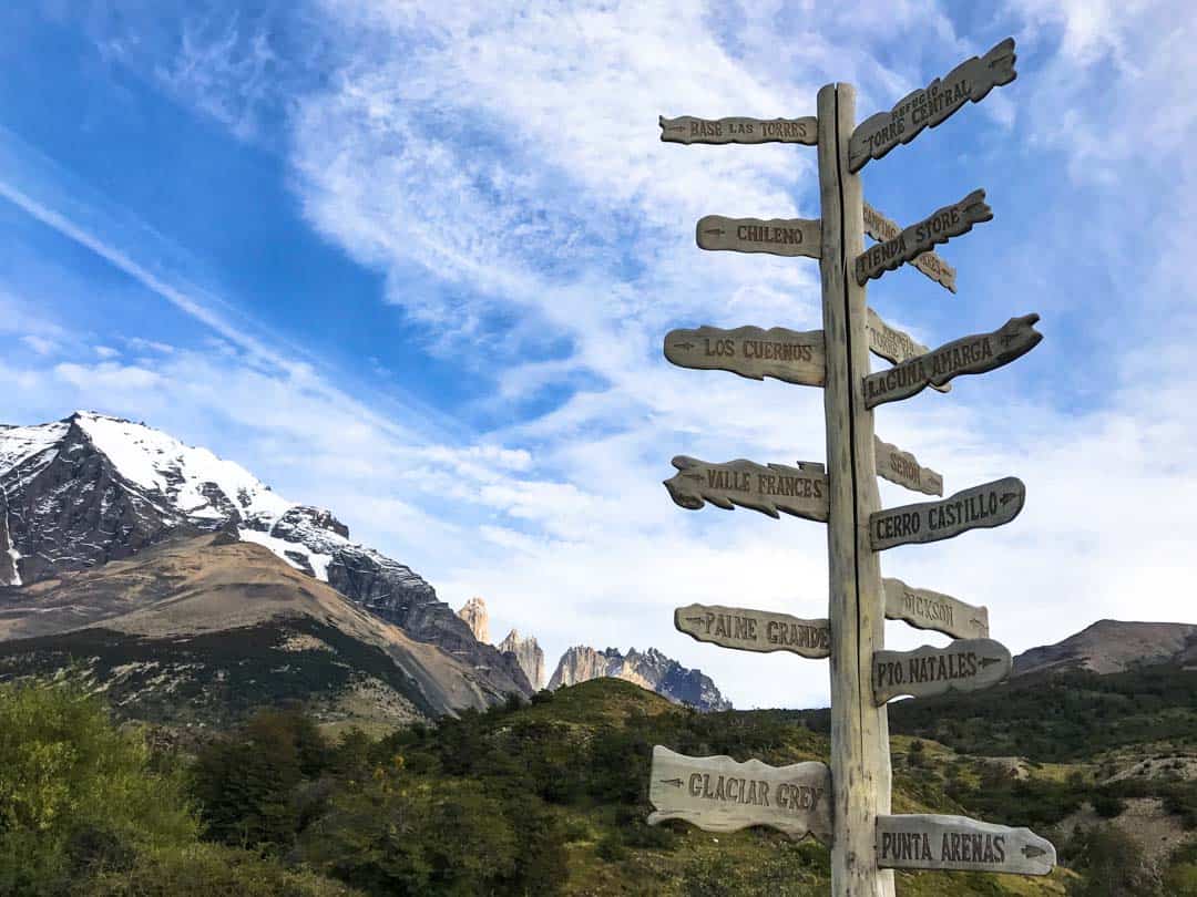 Signage marks the start of the W Trek in Torres del Paine.