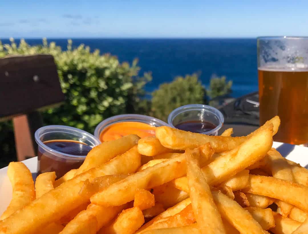 Chips and beer and views at the Scarborough Hotel south of Sydney.
