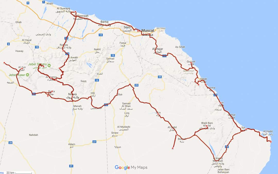 Oman self drive itinerary map, a 1,500km loop to road trip from Muscat to Mussanah.