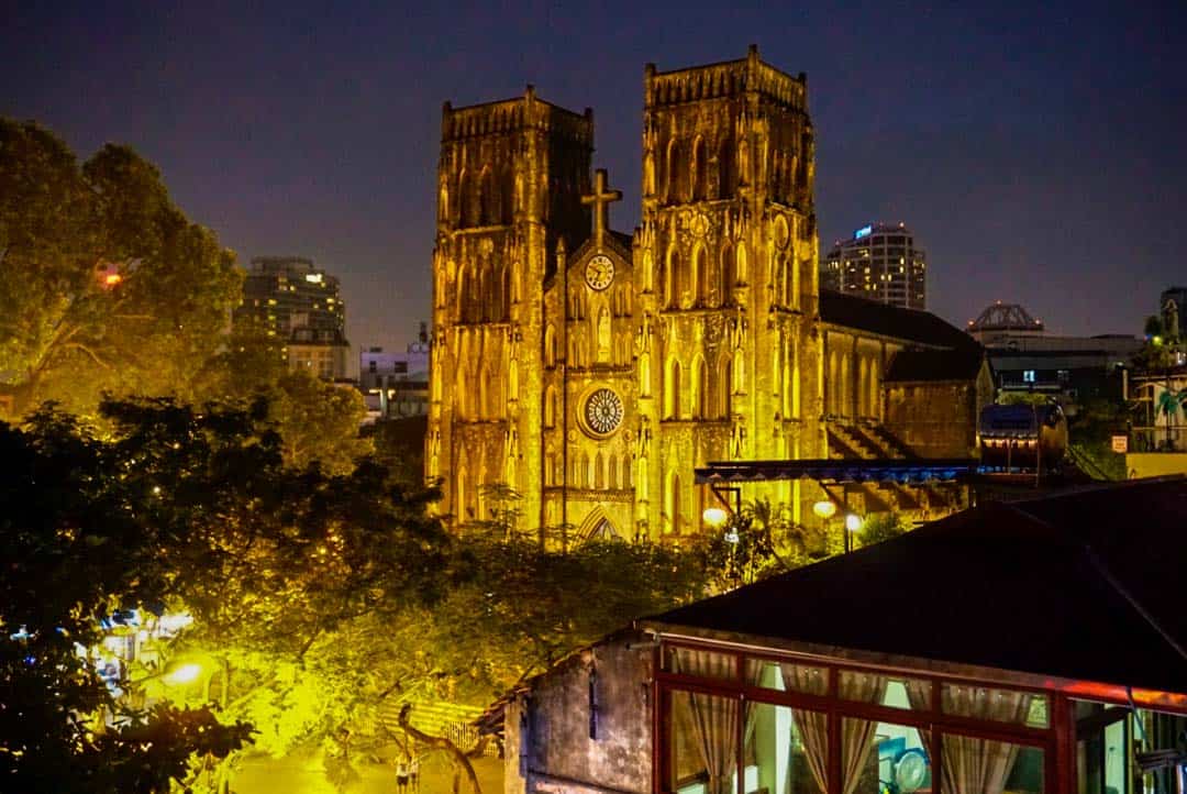 Hanoi Trip Itinerary - St Joseph's Cathedral lights up the night.