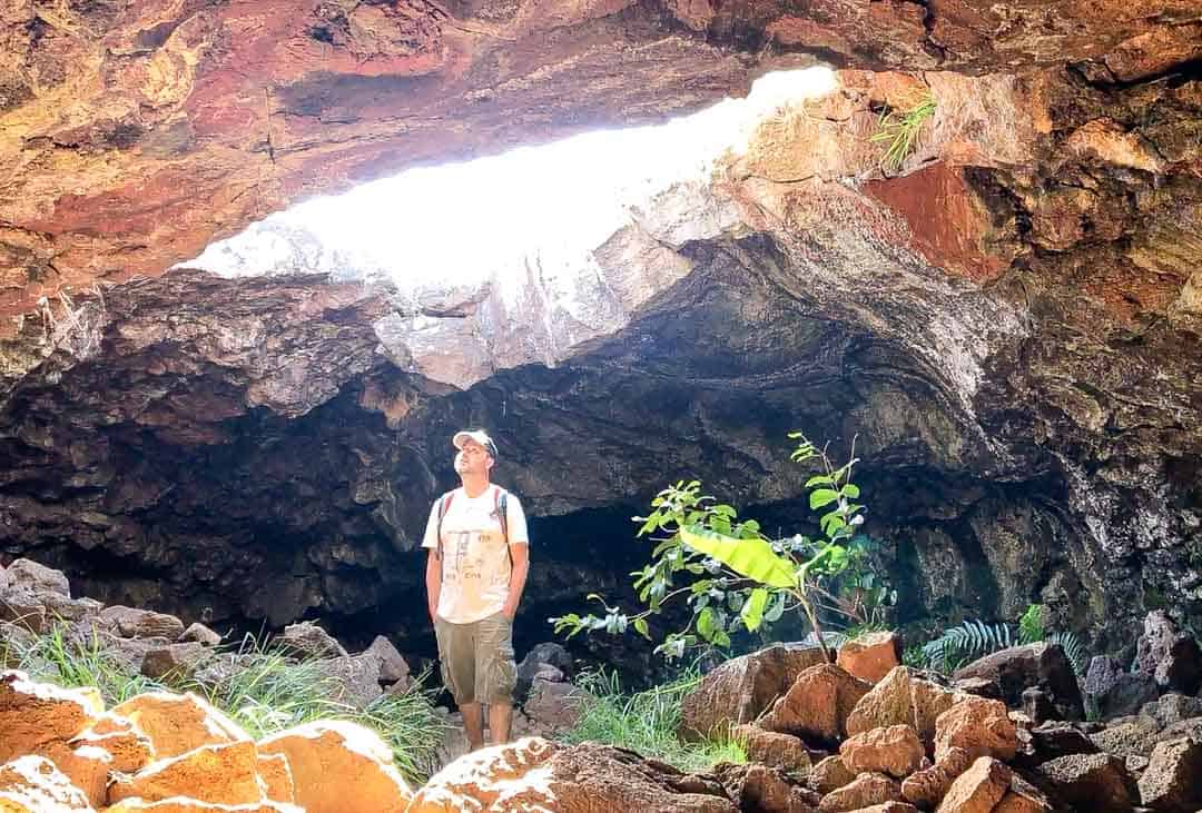 Underground in the cave refuge of Ana Te Pahu, one of many cool things to do on Easter Island.