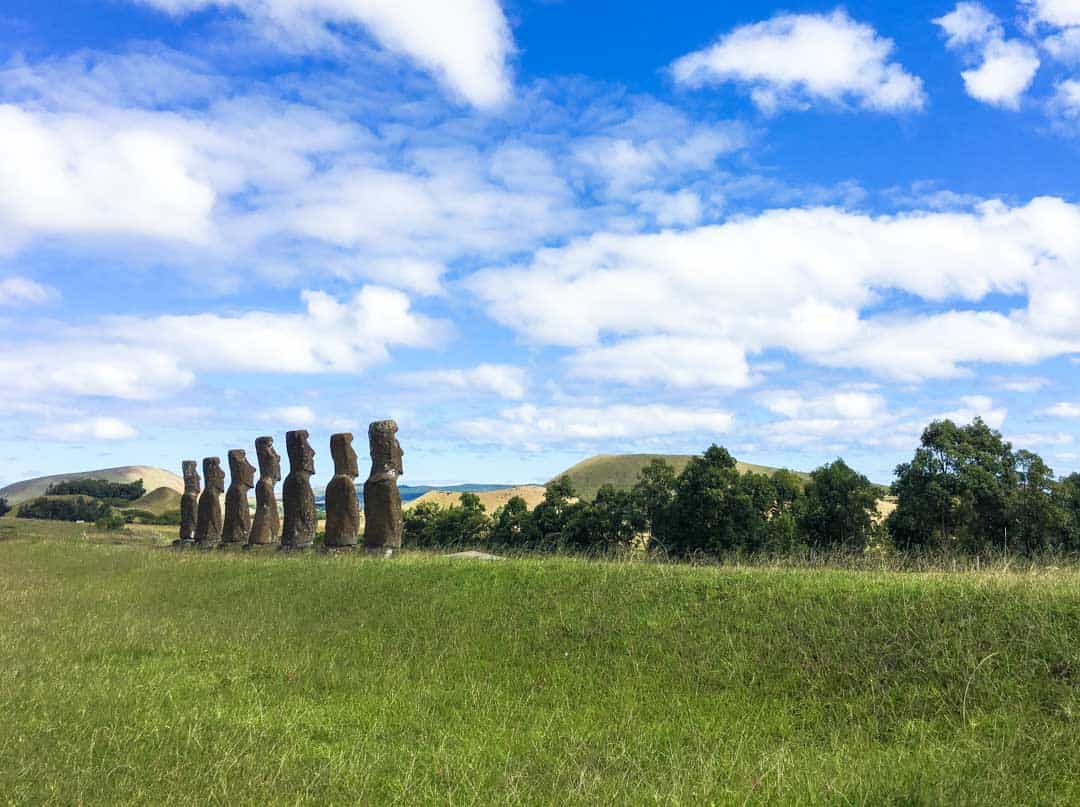 Visiting Easter Island's seven moai of Ahu Akivi.