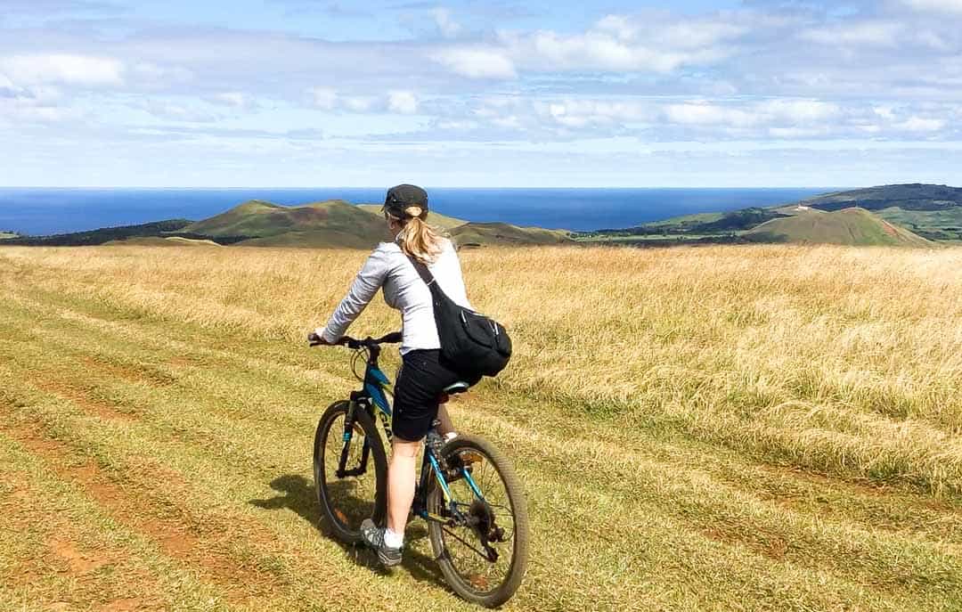 Riding down Maunga Terevaka with an Easter Island bike rental.