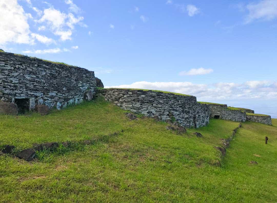 Stone huts at Orongo Ceremonial Village - Easter Island itinerary.