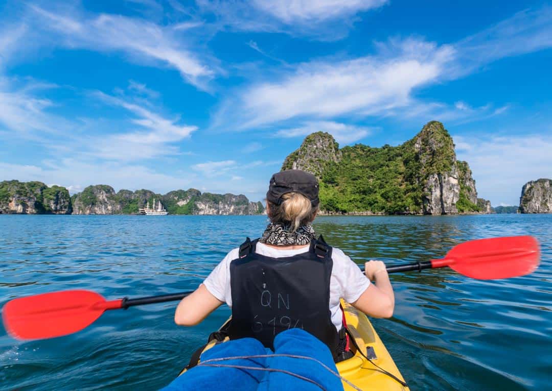 Kayaking in Halong Bay's neighbouring Bai Tu Long Bay.