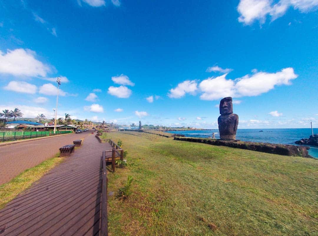 A moai stands by Hanga Roa habour in the island's only town.