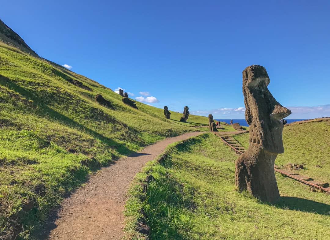 Visiting Easter Island - Giant statues line the path at Rano Raraku.