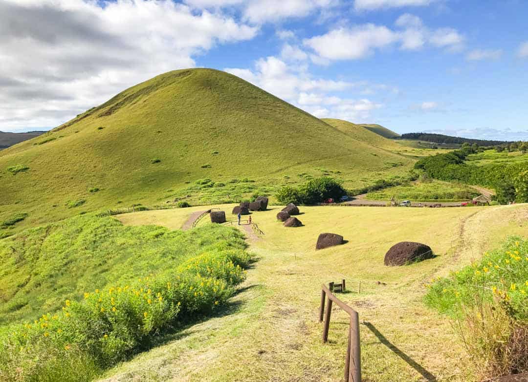 Red stone 'hats' scatter the field at the Puna Pau quarry on Easter Island.