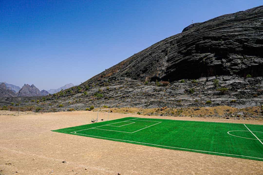 Football pitch in the Al Hajar Mountains – the things you see driving in Oman