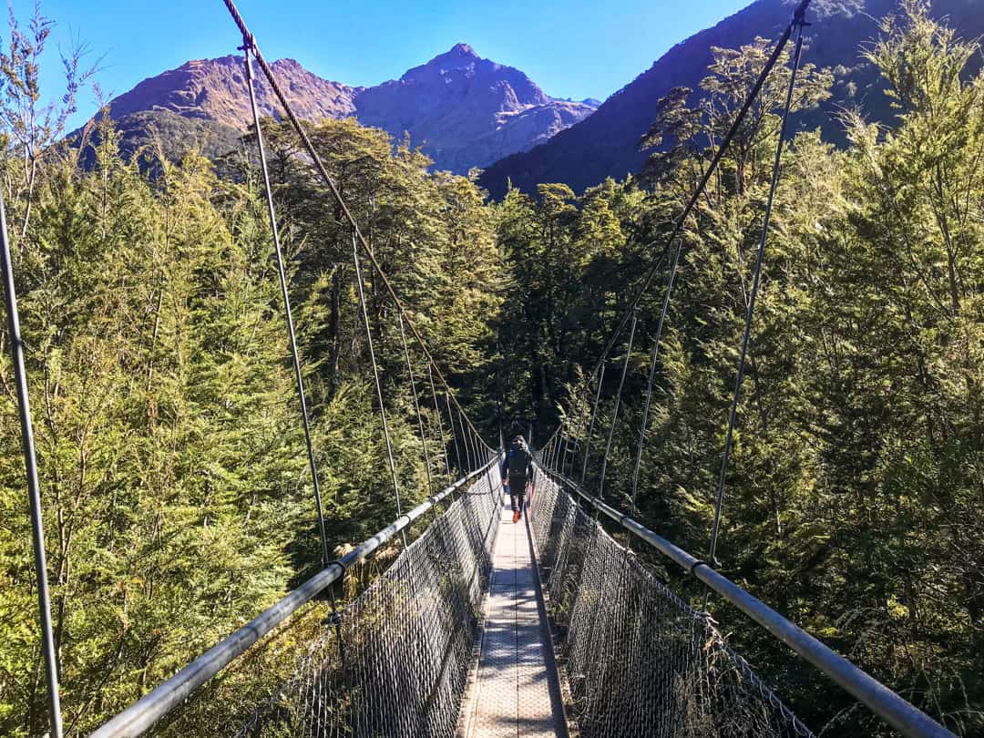 Tramping NZ: Swing Bridge With Mountain Views On The Routeburn.