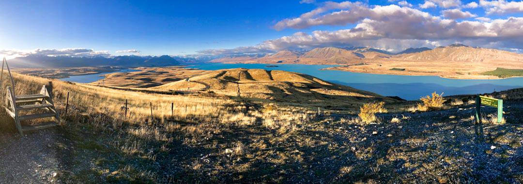 South Island New Zealand points of interest: Overlooking Lake Tekapo from Mount John.