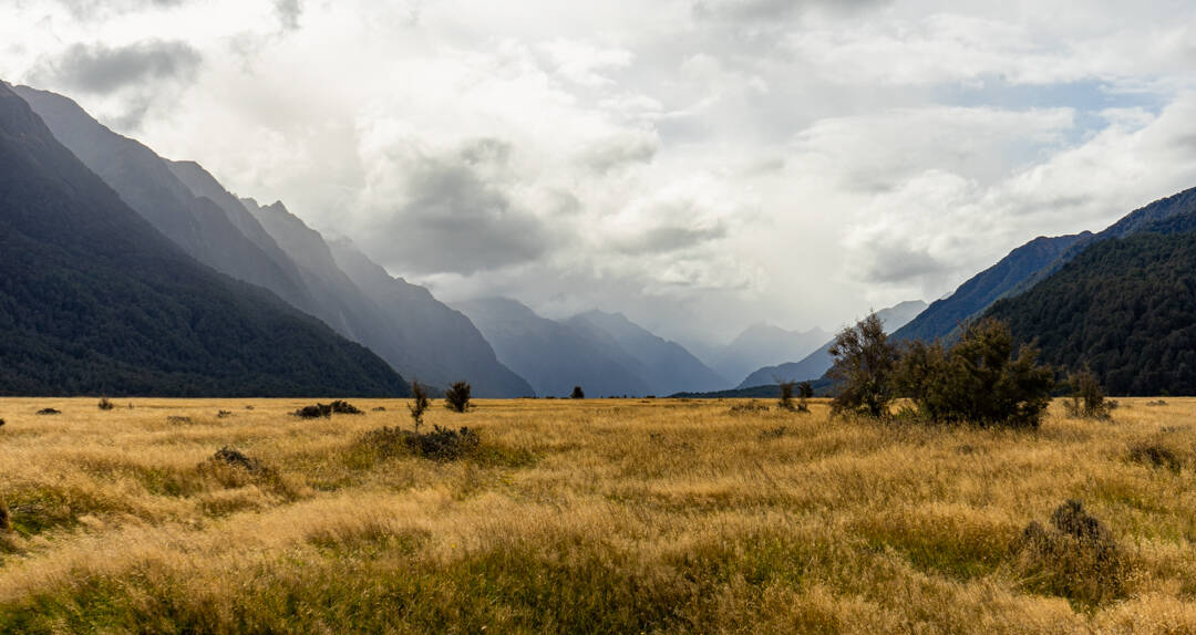 Eglinton Valley appears through the mist on a New Zealand South Island road trip.