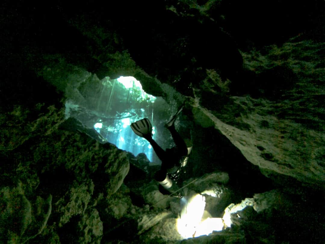 Diver suspended in the clear water while cenote diving mexico