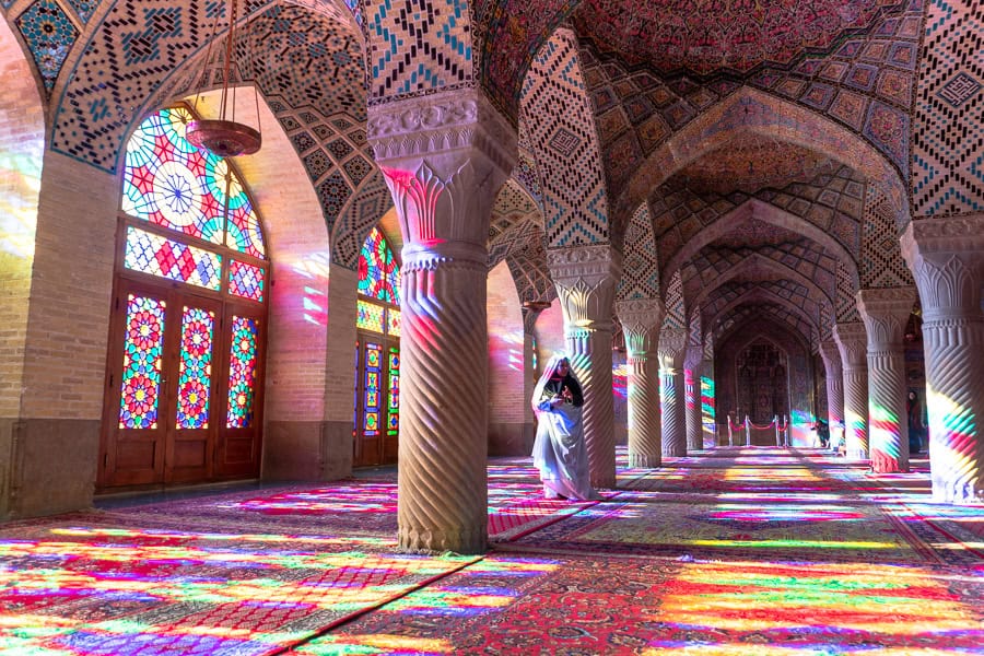 Dawn brings a riot of colour to the Pink Mosque’s prayer hall in Shiraz – one of the most popular places to visit in Iran.