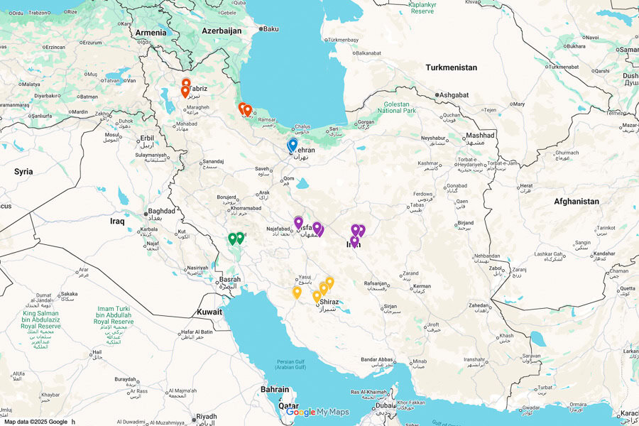 Colour coded interactive Google map of the best things to do in Iran.