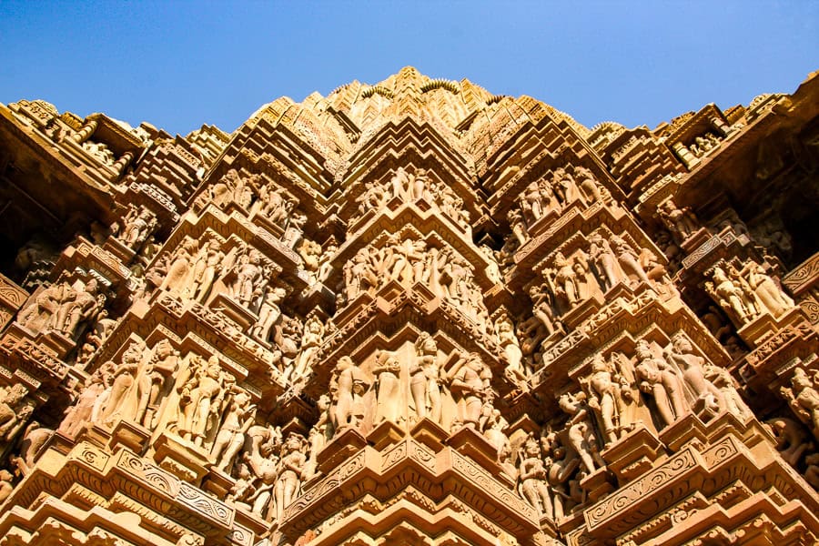 Façade of a finely carved temple at Khajuraho, one of the highlights of northen India.