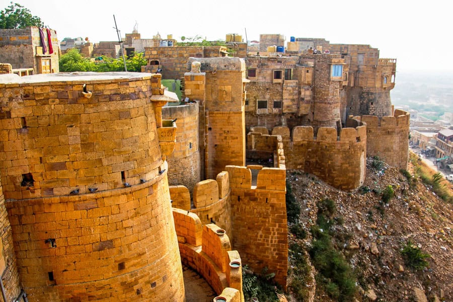 The great walls of Jaisalmer Fort, seen from up close on a Rajasthan road trip from Delhi.