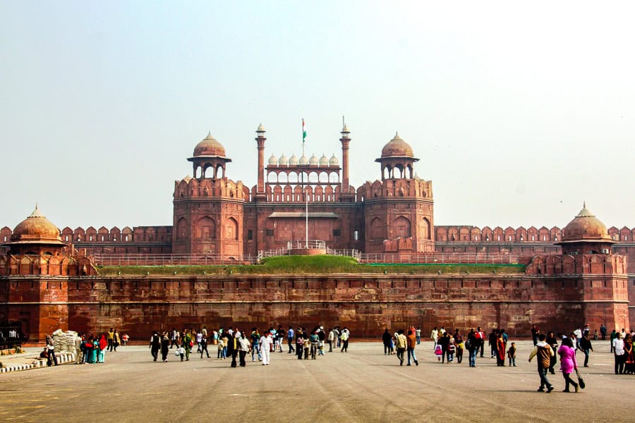 Delhi’s iconic Red Fort on a slightly foggy day, surrounded by visitors – a great way to start our north-west India itinerary.
