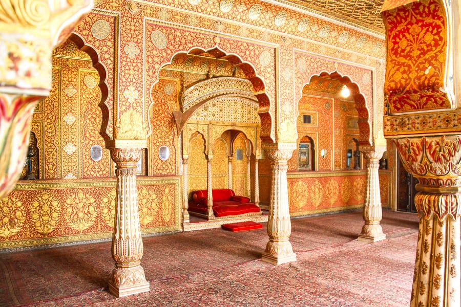 The richly decorated interior of Bikaner’s Junagarh Fort, one of the best places to visit in Rajasthan.