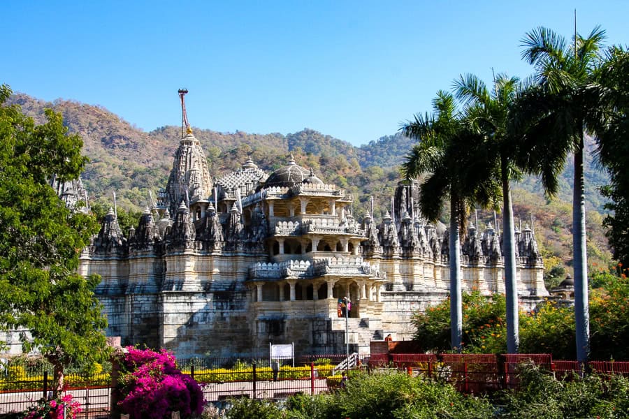 Beautifully-carved white marble exterior of Ranakpur Jain Temple, a surprise highlight of our Rajasthan itinerary for India.
