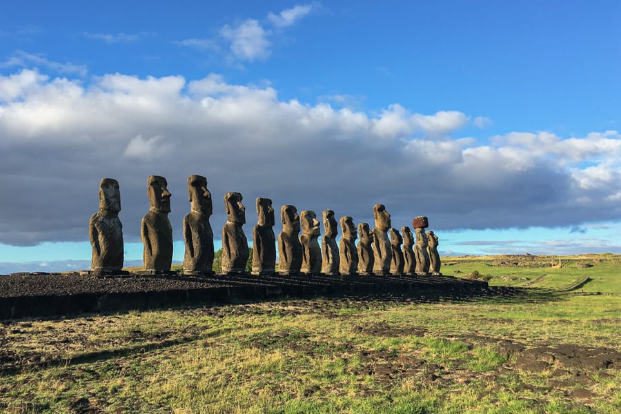 Epic adventures: 15 giant moai stand on a shrine on Easter Island.