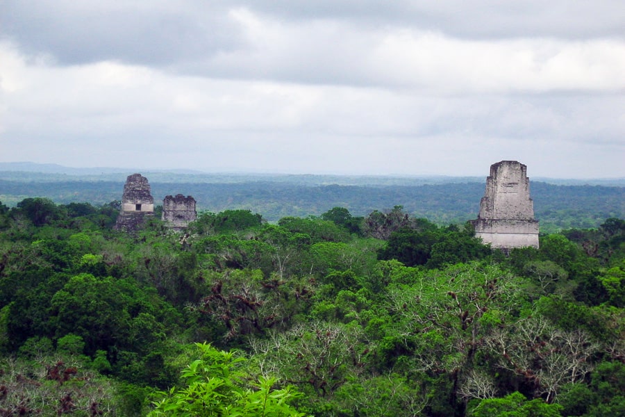 Tikal's stone temples rise above the green jungle canopy.